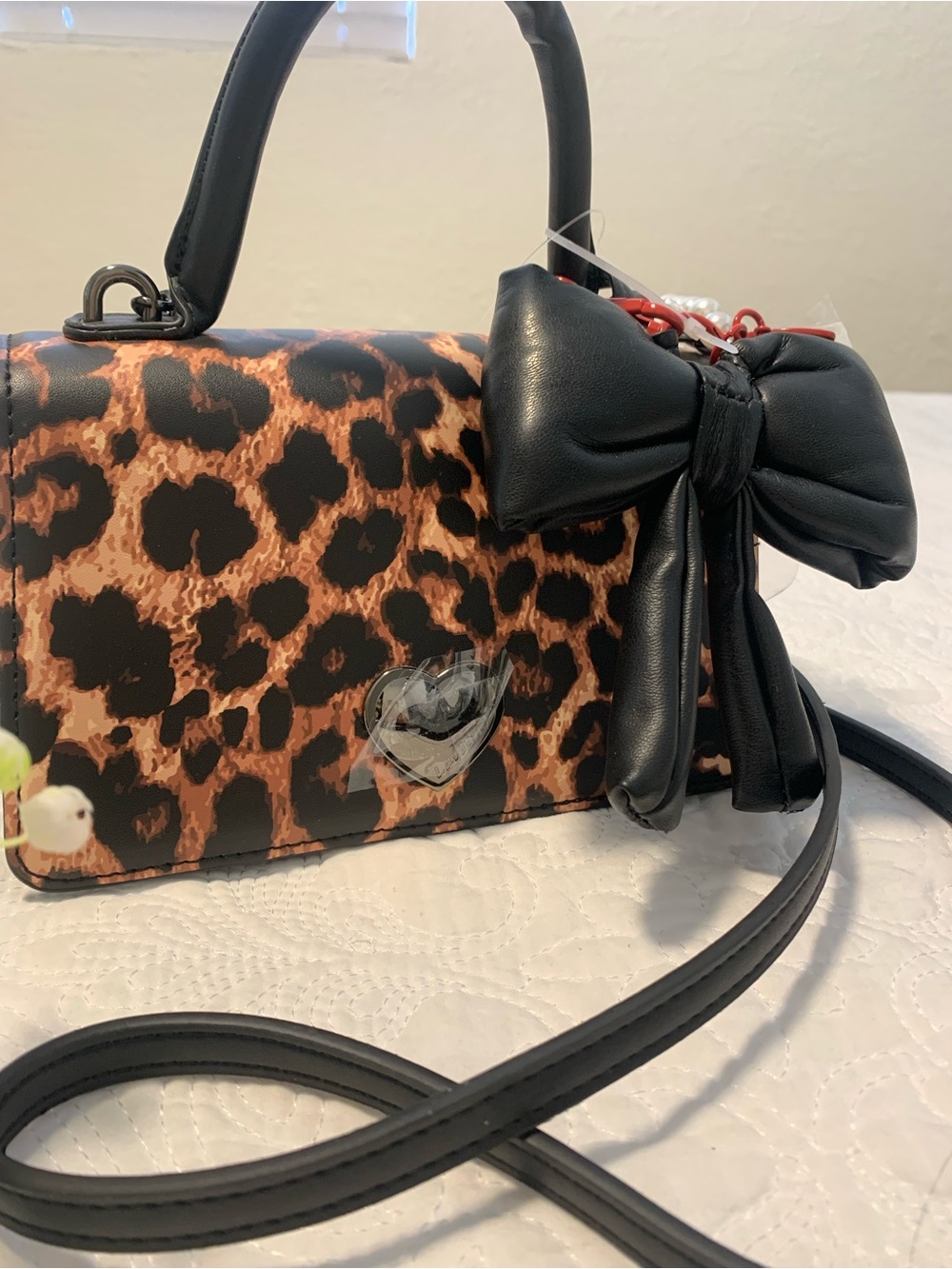 LUV Betsy Leopard Print Crossbody with Black Bow Accent